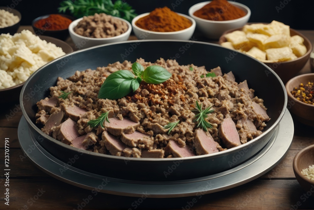 A dish made from chopped liver, tripe, and sometimes other organ meats, cooked with spices and herbs by ai generated