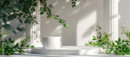 Rendering 3D Podium product display with column pillar greece rome stage with plant. Generated AI