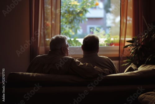 two men sitting and talking on sofa and looking at window on a sunny day