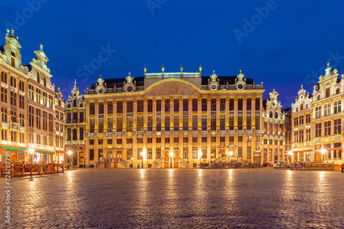Beautiful houses of the Grand Place Square at night in Brussels, Belgium