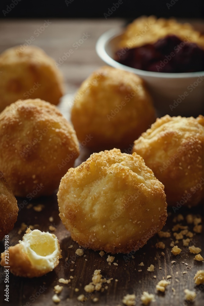 A fried dough snack made from cornmeal, shaped into balls, and deep