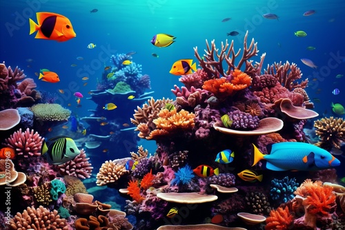 Exquisite coral reef teeming with colorful exotic tropical fish in vibrant underwater habitat © firax