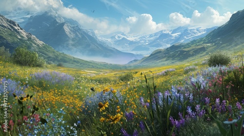 Breathtaking Mountain Landscape with Blooming Wildflowers, Misty Valleys, and Snow-Capped Peaks in Illustration Style
