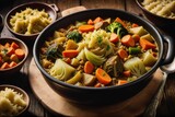 A mixed vegetable stew with cabbage, carrots, potatoes, and other seasonal vegetables, simmered in a flavorful sauce