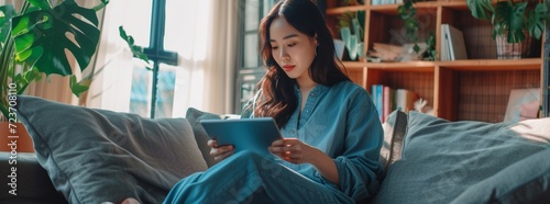 a wide portrait of a woman studying in a room