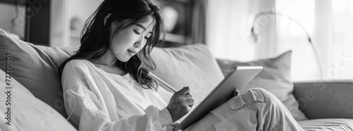 black and white portrait of a woman studying in a room 
