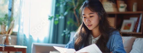 an asian woman is studying in a room