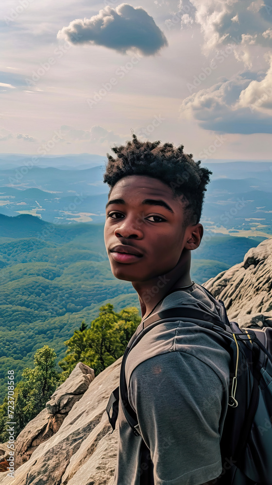 Naklejka premium Selfie Phone Photo of a Black Teen on Top of a Mountain: A Moment of Triumph and Reflection