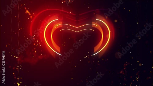 Luxury whispers "Happy Valentine's Day." A radiant gold heart, a canvas of shimmering particles, floats in a sea of deep red. Handwritten gold letters dance above, whispering their sweet message. 4K (ID: 723708548)