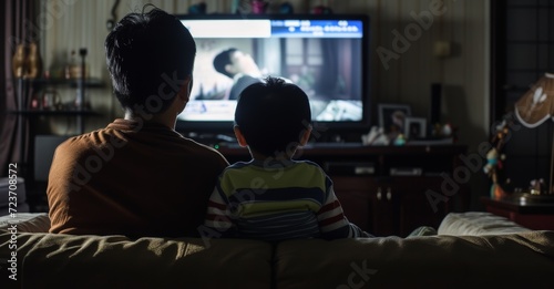 A father and a child sitting on sofa in living room and watching television, back view angle