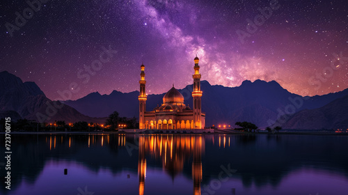 A magnificent mosque on the edge of a calm lake with a backdrop of silhouetted mountains under a purple sky decorated with the sparkling stars of the Milky Way