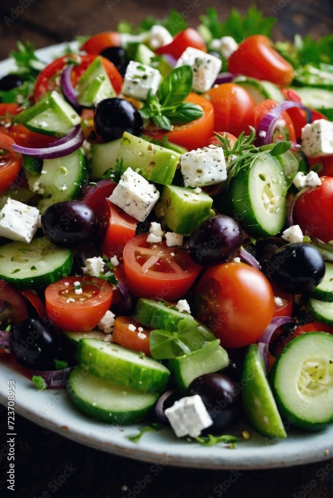 A simple yet flavorful salad made with tomatoes, cucumbers, onions, bell peppers, olives, and feta cheese, drizzled by ai generated A simple yet flavorful salad made with tomatoes, cucumbers, onions, bell peppers, olives, and feta cheese, drizzled by ai generated