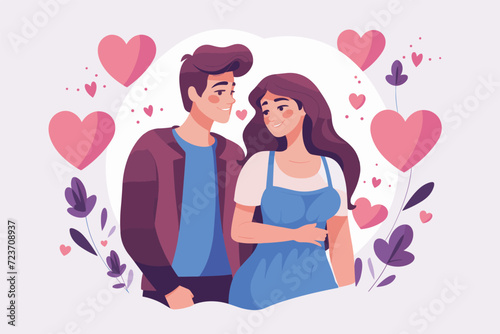 Happy young man and woman feel in love for valentines background with decorated hearts on white background  vector illustration  intimate bonding moment  Good relationships concept.