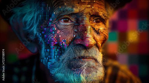 Portrait of elderly man face transforming into pixelated digital art photo