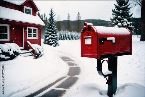 A Snow-Covered Red Mailbox Braving the Winter Snowfall on a Chilly Day by ai generated © SR Creative Idea