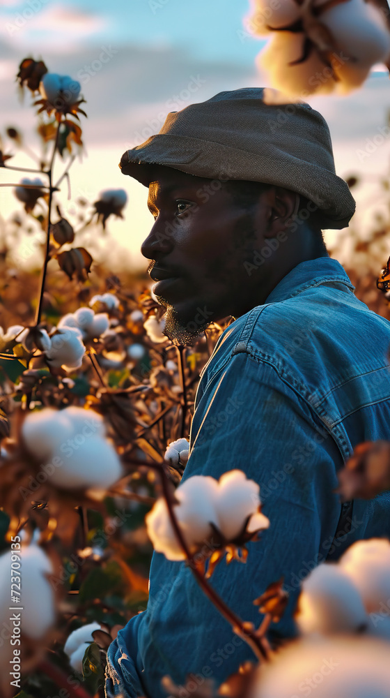 Man Picking Cotton in the Vibrant Fields of Plantation. Man Picking Cotton in the Vibrant Fields of Plantation.