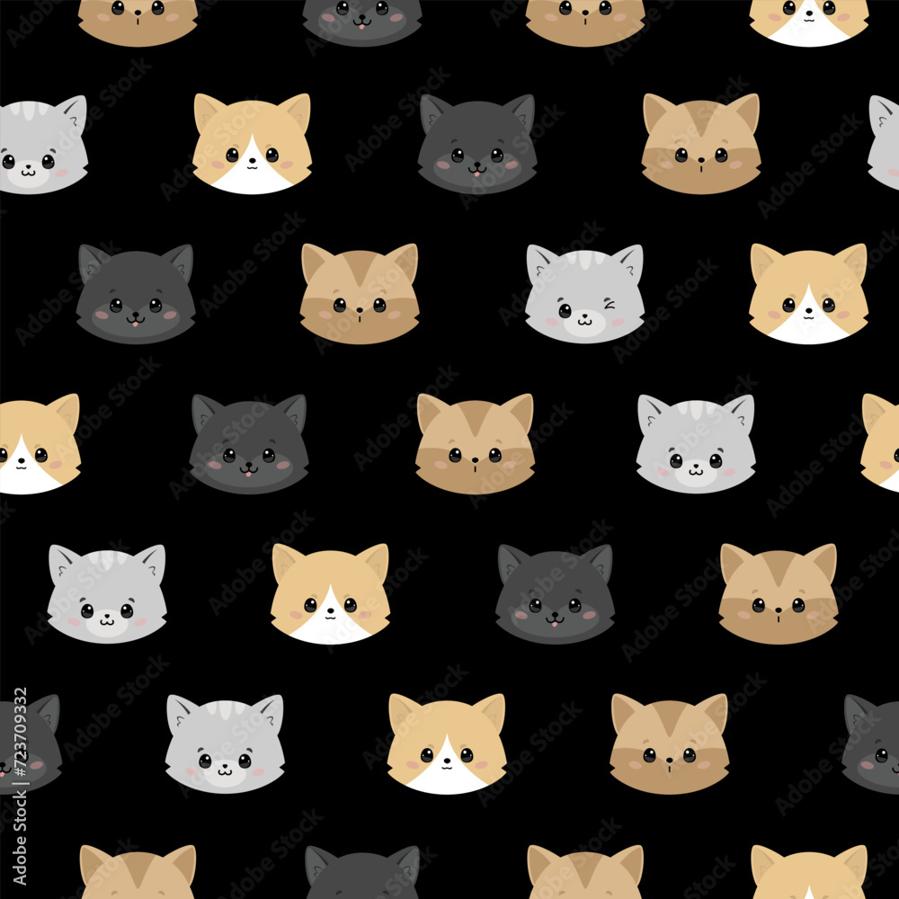 Cute funny cats seamless pattern. Vector hand drawn doodle cartoon kawaii character illustration.
