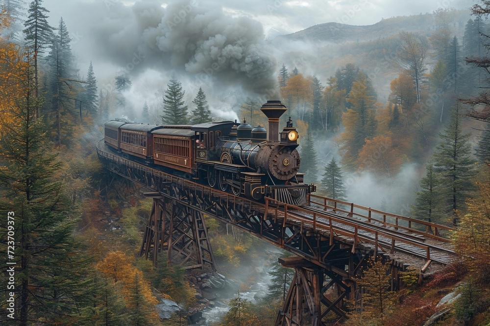 Fototapeta premium Autumn's Golden Train Ride Generative AI