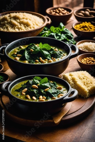 A stew made with leafy greens  such as cassava leaves or spinach   often cooked with fish  meat by ai generated
