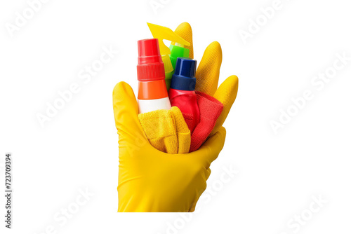 yellow rubber glove with cleaning supplies