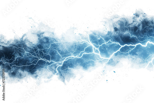 Lightning, electric thunderbolt strike of blue color during night storm, impact, crack, magical energy flash photo