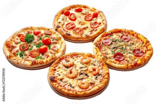 Pizzas: pepperone, cheese, chicken and tomatoes, tuna, shrimp photo