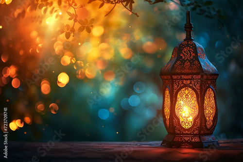 An islamic lantern with bokeh lights in the background for adha and fitr eid