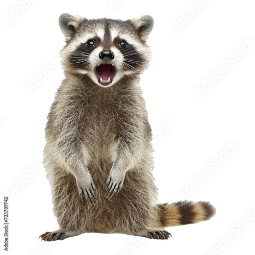 studio portrait of raccoon standing on legs with mouth open surprised look