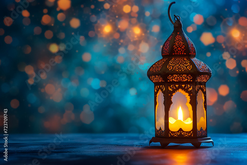 An islamic lantern with bokeh lights in the background for adha and fitr eid © Brijesh
