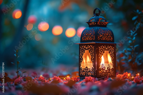 An islamic lantern with bokeh lights in the background for adha and fitr eid