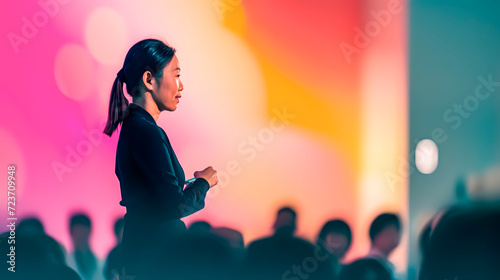 Asian woman businesswoman or CEO giving a lecture or talk. Space for text