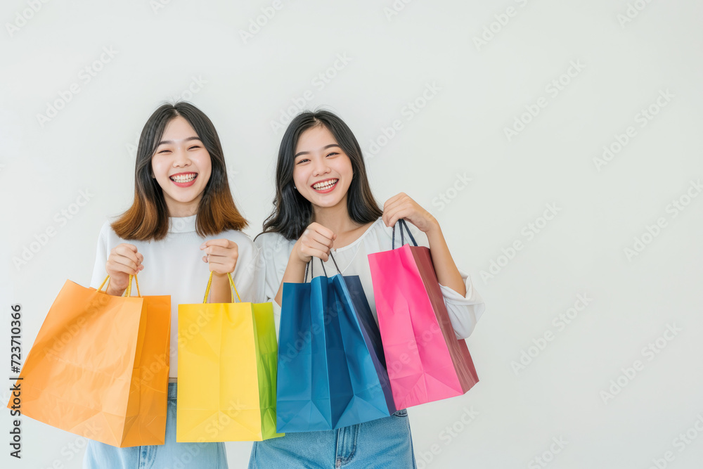 cheerful and funny happy 2 asian woman are shopping