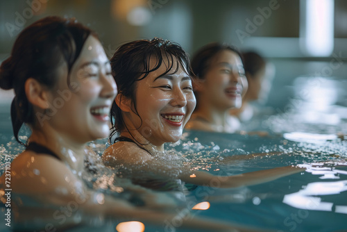 Active asian women enjoying aqua fit class in a pool	