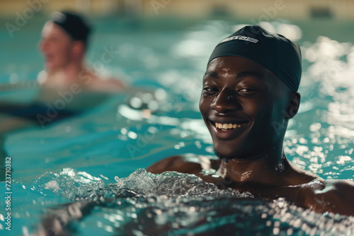 Active African men enjoying aqua fit class in a pool