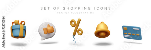 Gift box, thumb up speech bubble, inflated percent sign, golden bell, credit card