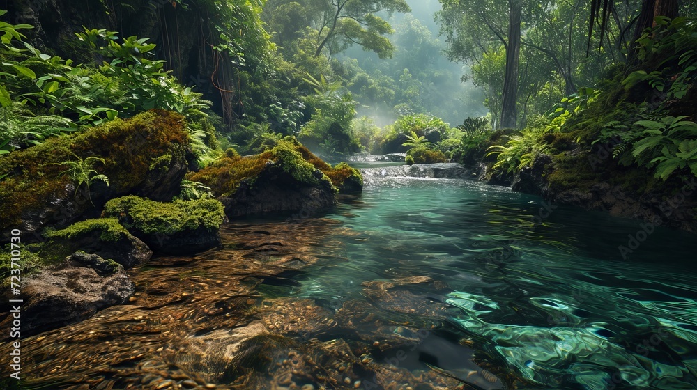 Mystical Forest Stream - Lush Greenery, Crystal Clear Water, and Misty Atmosphere in a Tranquil Natural Setting Mystical Forest Stream - Lush Greenery, Crystal Clear Water, and Misty Atmosphere in a Tranquil Natural Setting