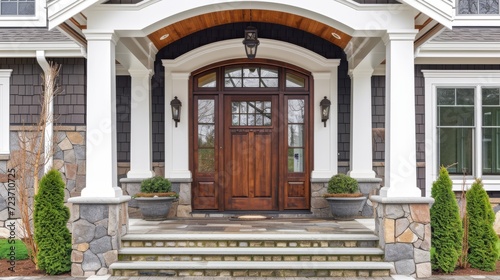 Wooden front door with porch and gabled landing. Elegant wooden house photo