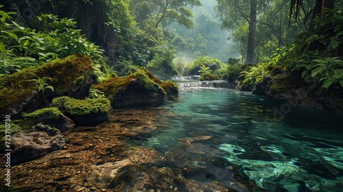 Mystical Forest Stream - Lush Greenery  Crystal Clear Water  and Misty Atmosphere in a Tranquil Natural Setting