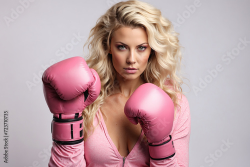 Beautiful glamorous girl in large pink boxing gloves on a gray background, banner.