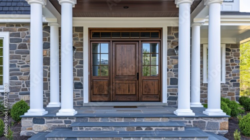 Wooden front door with porch and gabled landing. Elegant wooden house photo