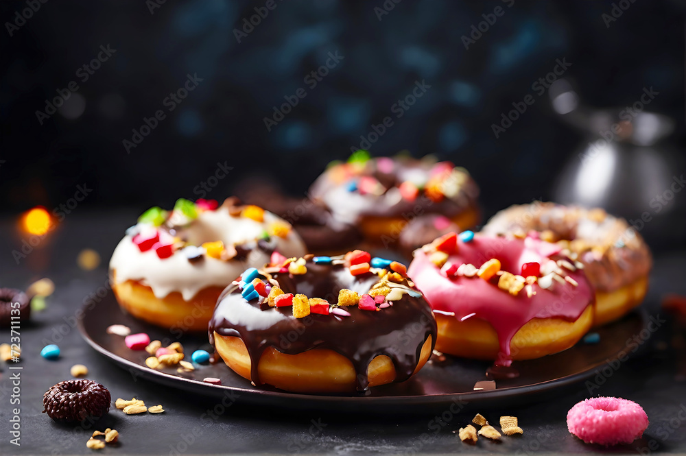Delicious donuts with topping arrangement on a plate on dark background Delicious donuts with topping arrangement on a plate on dark background