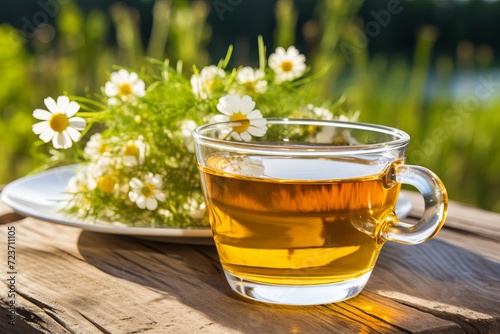 Chamomile tea and fresh daisies artfully arranged on a wooden table for relaxation and serenity