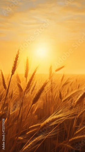 A serene sunrise over a wheat field, where the sun emerges as a radiant, golden orb amidst the tranquil sway of wheat stalks.