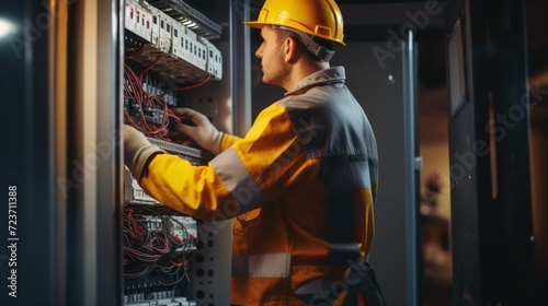 A dedicated electrician wearing a yellow safety helmet attentively works on a intricate electrical panel.