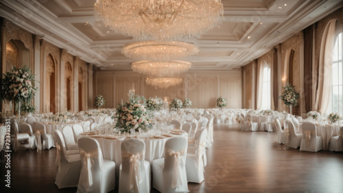 Banquet hall for weddings, banquet hall decoration, atmospheric decor. Generative AI.