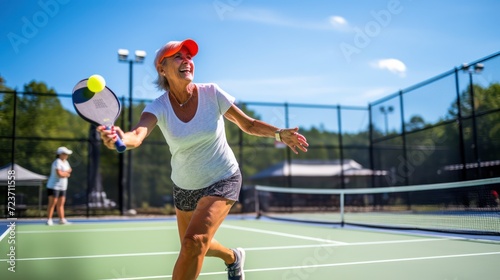 At the pickleball court, a mature woman is in the midst of a game photo