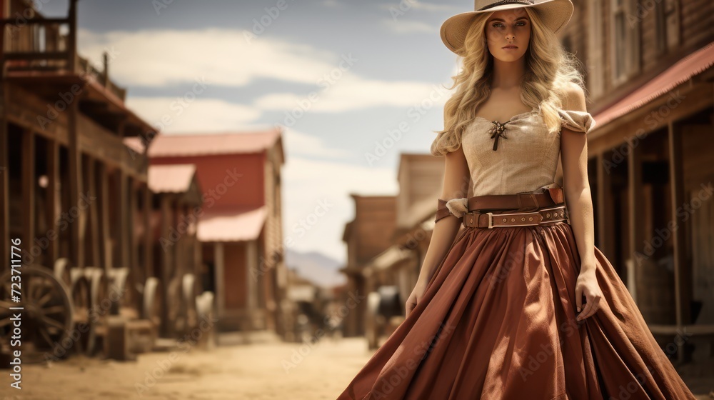 Step into the allure of the wild west as a woman, adorned in a dress, graces the cowboy town with her presence.