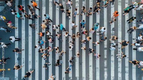 From a bird’s eye view, a crowd of people can be seen at a pedestrian crossing