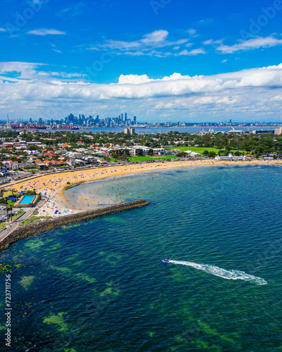 An Aerial view of Williamstown Beach with the Melbourne Skyline in the background on a Sunny Summers Day photo