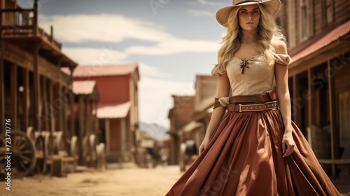 Step into the allure of the wild west as a woman, adorned in a dress, graces the cowboy town with her presence.